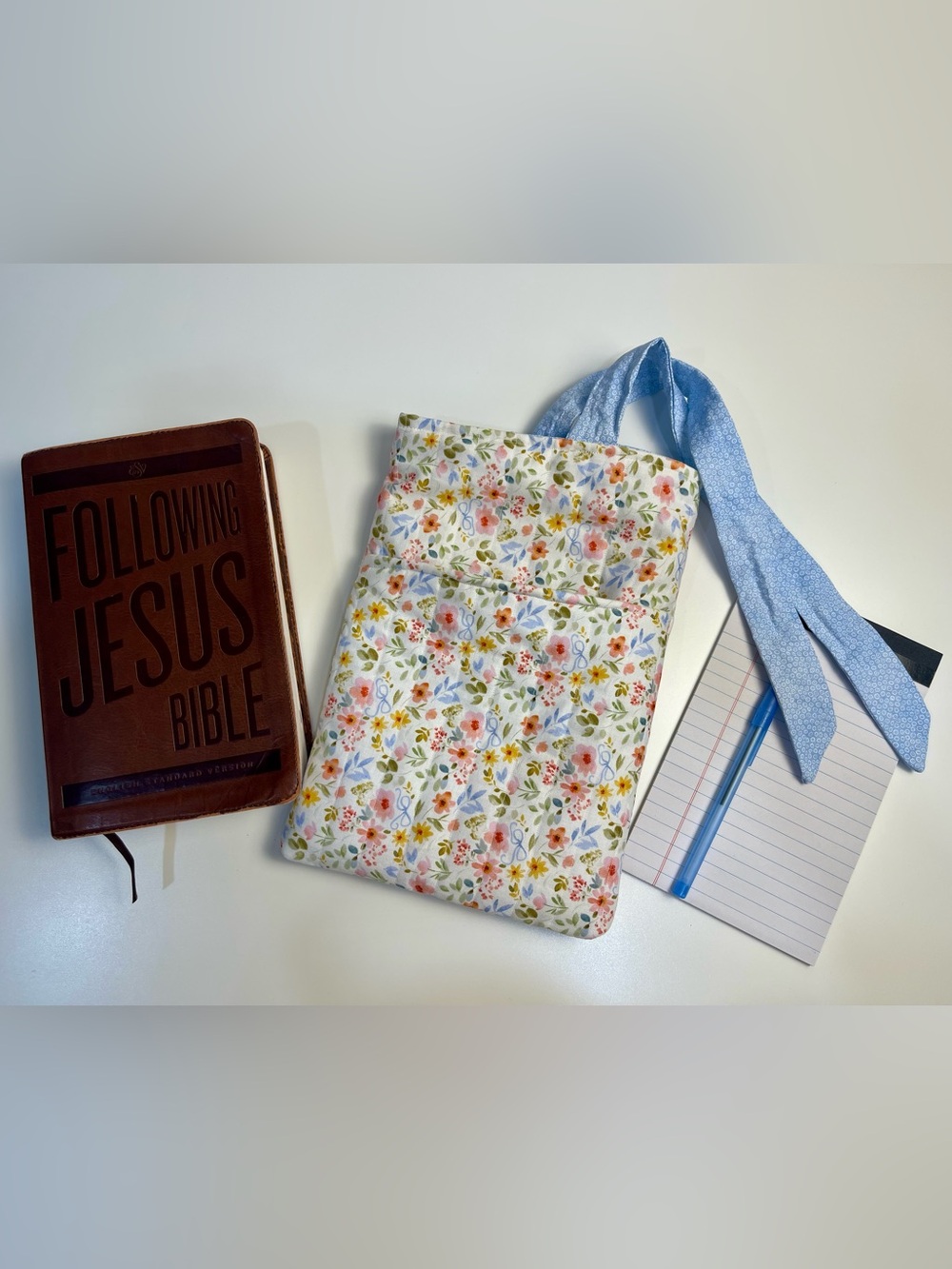 Bible Cover Book Pocket Floral Fabric Book Sleeve with Blue Tie Handle new
